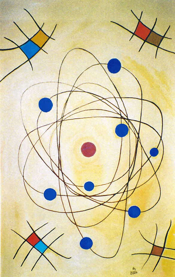 Rotation von Elektronen um den Atomkern sowie von Planeten um die Sonne - l auf Leinwand - 2004 - 60 x 90 cm - 800 €